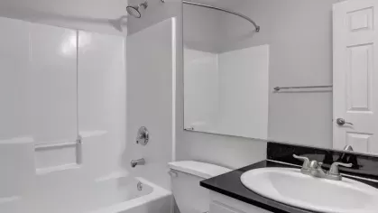 A full bathroom with a white bathtub, modern fixtures, and a large vanity mirror.