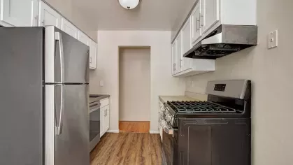 A sleek kitchen with stainless steel appliances, wood-style flooring, and ample counter space, perfect for preparing meals.
