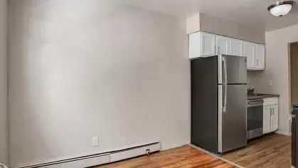 Open dining area adjacent to the kitchen, featuring wood-style flooring and a bright, minimalist design.