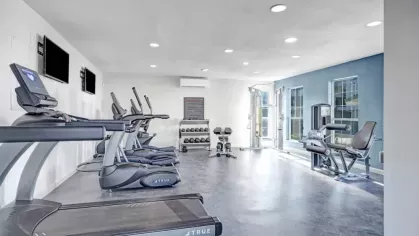 A well-equipped fitness center at The Maxwell Apartments featuring modern cardio machines, strength training equipment, and natural lighting from large windows.