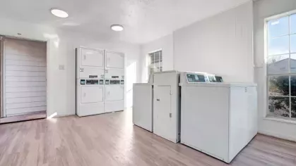 A spacious laundry facility at The Maxwell Apartments with multiple washers and dryers and natural light from large windows.
