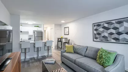 A stylish living room with a gray couch, green pillows, and a sleek entertainment center.