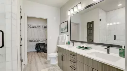 A luxurious bathroom with a double vanity, a spacious walk-in closet, and a glass-enclosed shower, showcasing modern design.