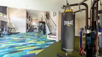 Image 1: Fitness center with modern exercise equipment, including a functional trainer, punching bag, and kettlebells, overlooking landscaped views through large windows.