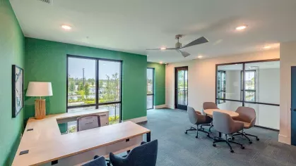 A private meeting room with green accent walls, ergonomic chairs, and expansive windows, ideal for focused work or collaboration.