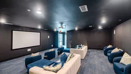 A private movie theater with plush seating, a large screen, and ambient lighting for an immersive viewing experience.