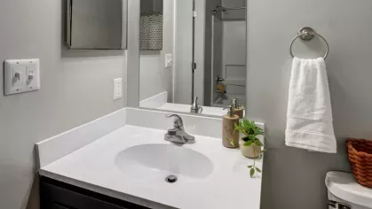 Close-up of a bathroom vanity featuring a polished sink, minimalist decor, and a neatly folded towel on the side.