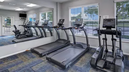 A fully equipped fitness center with modern cardio machines, weight training equipment, and ample natural light.
