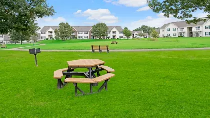 A lush green lawn with picnic tables and benches, ideal for outdoor dining and enjoying the serene environment.