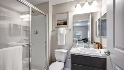 A spacious bathroom featuring a dark wood vanity, dual towels, and elegant decor in a Walden Lakes apartment.