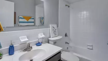 Bright bathroom with a clean white vanity, tub-shower combo, and subtle decorative accents.