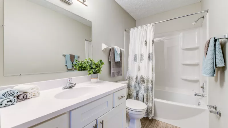 Modern bathroom with a wide vanity, decorative mirror, and a shower-tub combination at Worthington Meadows Apartments.