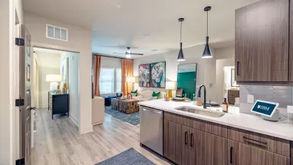 "Modern kitchen and living room area with stylish furnishings at Tropia Wellen Park Apartments."