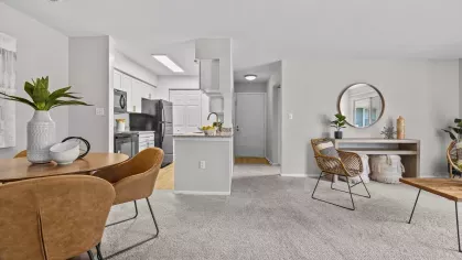 A bright open-concept living space with a dining table, kitchen, and stylish rattan chairs, featuring neutral tones and natural light.