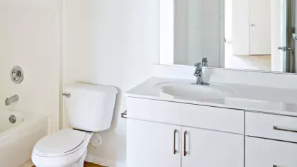 A contemporary bathroom featuring a white vanity, large mirror, shower-tub combo, and stylish decor.