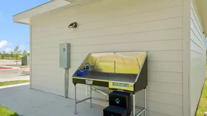 A close-up of an outdoor dog wash station with a shiny metal tub and hose, situated beside a white building.