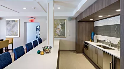 A sleek resident lounge kitchen at Vista At Town Green Luxury Apartments, complete with stainless steel appliances, a long bar, and stylish blue seating.