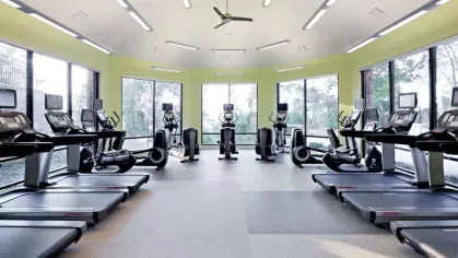 A spacious fitness center at Vista At Town Green Luxury Apartments, equipped with treadmills, ellipticals, and large windows overlooking the scenic landscape.