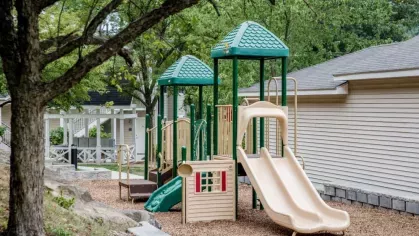 A shaded playground at Vista At Town Green Luxury Apartments, complete with slides, climbing equipment, and a playhouse, nestled among mature trees and landscaped surroundings.
