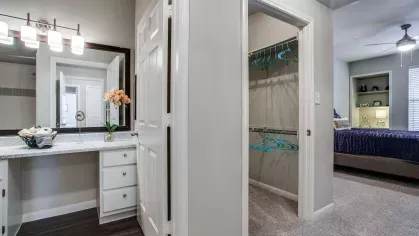 A large walk-in closet with hanging racks and shelving for storage, connected to a cozy bedroom.