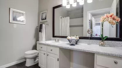 A clean and well-lit guest bathroom with white cabinetry and stylish décor.