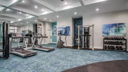 A spacious fitness center featuring treadmills, weight machines, and free weights with a modern blue and gray design.
