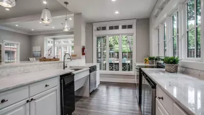 A sleek, fully equipped kitchen with stainless steel appliances and a modern backsplash.