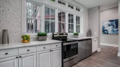 A sleek, fully equipped kitchen with stainless steel appliances and a modern backsplash.