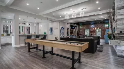 A stylish clubhouse with shuffleboard, a bar area, and arcade games, creating a fun atmosphere.