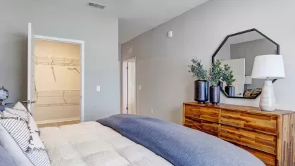 A stylish bedroom with a wooden dresser, an octagonal mirror, and a bed with a blue and white comforter, complemented by a walk-in closet.