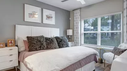 A contemporary bedroom with a white upholstered headboard, plush pillows, and a window overlooking the outdoors.