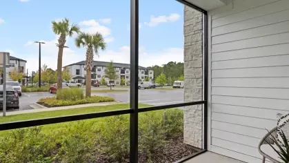 A screened-in porch overlooking a well-manicured lawn, palm trees, and a residential complex.