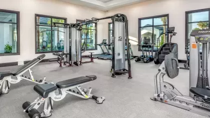 A bright and open gym featuring high ceilings, strength training equipment, and views of the outdoor pool.