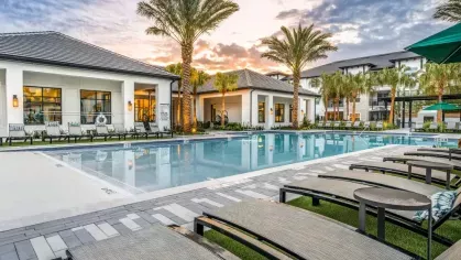 A scenic view of a resort-style pool with palm trees and lush landscaping, creating a tropical retreat.