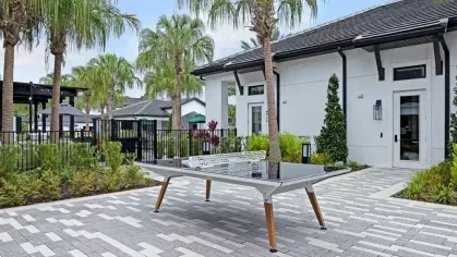 An outdoor recreational area featuring a sleek ping pong table among tropical landscaping.