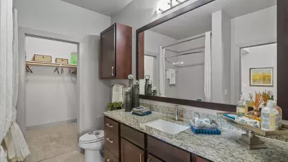 A modern bathroom featuring a granite countertop, large mirror, and access to a walk-in closet at Arrabella Apartments.