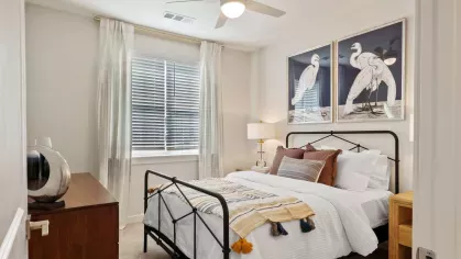 Luxurious bedroom with a modern ceiling fan, stylish bedding, and large windows allowing for natural light.