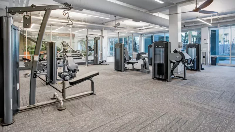 Fitness center with various strength training machines and modern equipment in a spacious, well-lit room.