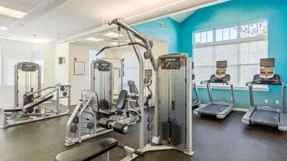 A modern gym featuring strength training machines and treadmills, highlighted by a vibrant turquoise wall.