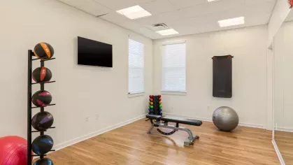 A cozy exercise room with a medicine ball rack, yoga mat, and stability ball on a wood laminate floor.