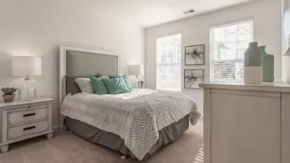 A serene bedroom with a soft color palette, featuring a plush bed, bedside lamps, and large windows.