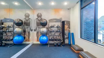 A dedicated stretching and core workout space with stability balls, kettlebells, and foam rollers, set against an urban-inspired wall mural and natural lighting from large windows.