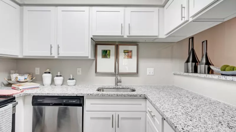 Bright kitchen showcasing ample counter space, white cabinetry, and sleek stainless steel appliances.