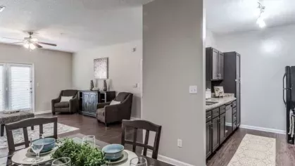 Spacious dining and living area with stylish decor, featuring a set dining table and comfortable seating.