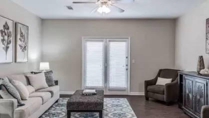 Bright and airy living room with plush seating, a patterned area rug, and natural light from glass doors leading to a patio.