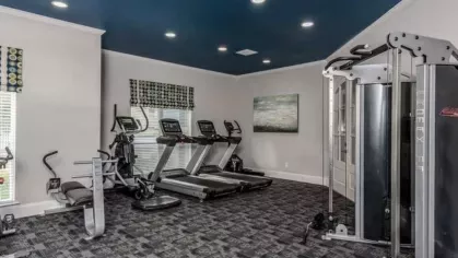 Well-equipped gym featuring treadmills, weight machines, and a vibrant blue ceiling at The Landings of Conroe Luxury Apartments.