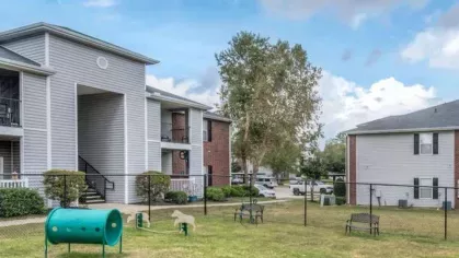 Pet-friendly dog park at The Landings of Conroe, featuring agility equipment, open green space, and fenced-in safety for pets to play and enjoy.