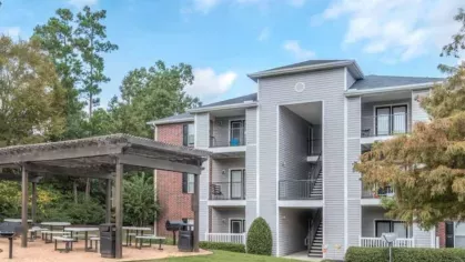 Spacious outdoor picnic area with shaded pergola and modern grilling stations at The Landings of Conroe Luxury Apartments.
