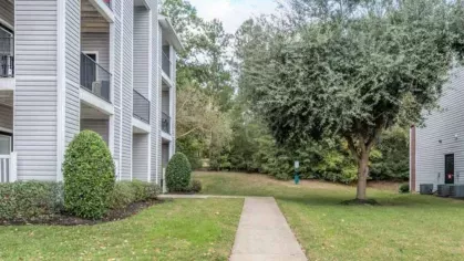 Beautifully landscaped walkway between apartment buildings with mature trees and well-maintained greenery at The Landings of Conroe.