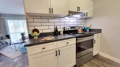 Modern kitchen with white cabinets, subway tile backsplash, black countertops, and stainless steel appliances, opening into a bright living space with natural light from large sliding doors.